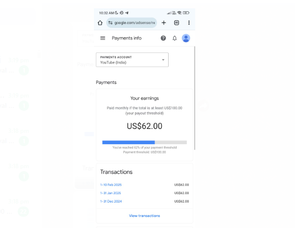 62$ Balance | Pin Verify | Only Adsence Account