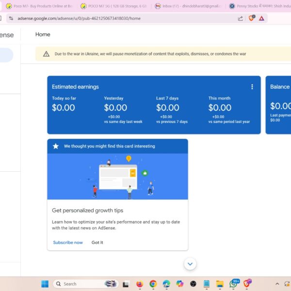 12 Payment Received Adsence Account | 5 Year Old | 69$ Balance